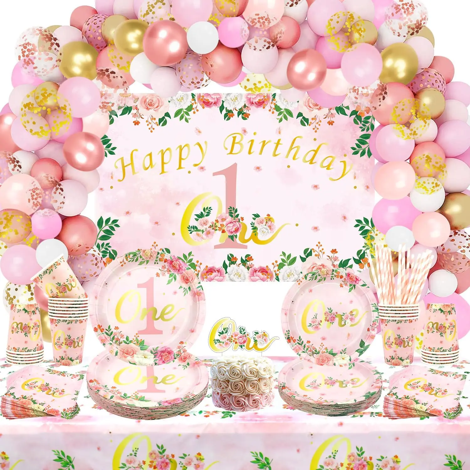 First Birthday Decorations for Girls, Backdrop, Plates, Cups, Napkins, Tablecloth, Baby Daughter, Happy Birthday Supplies