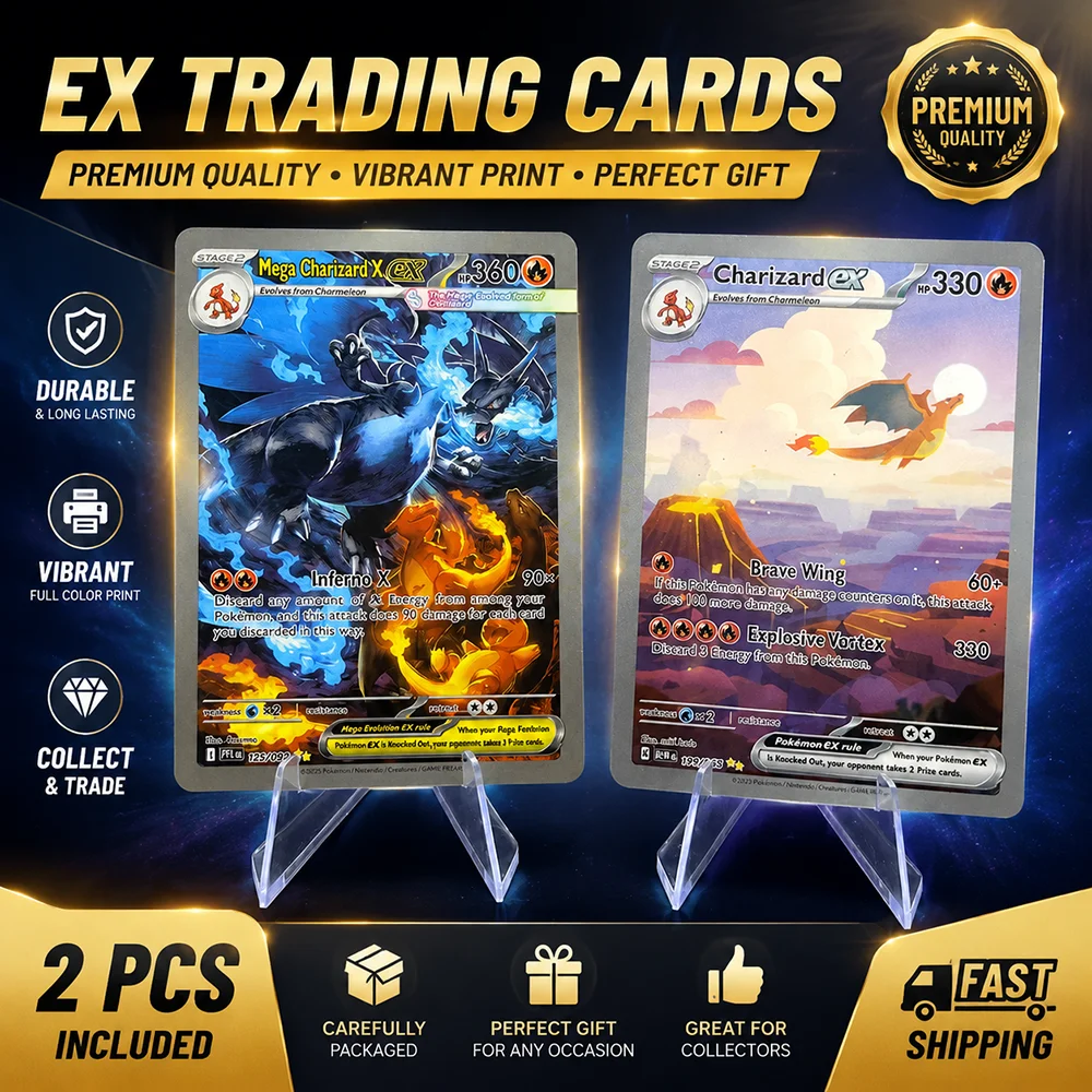 Juego de Cartas Coleccionables PTCG Mega Charizard X EX y Charizard Ex, Cartas Holográficas Premium, Regalo Duradero para Fanáticos del Juego