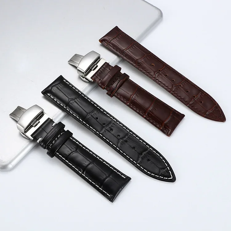 18 20 22 24mm Genuine Leather Strap with Wooden Box Watch Band Butterfly Clasp Bracelet Soft Wrist Band Watch Accessories