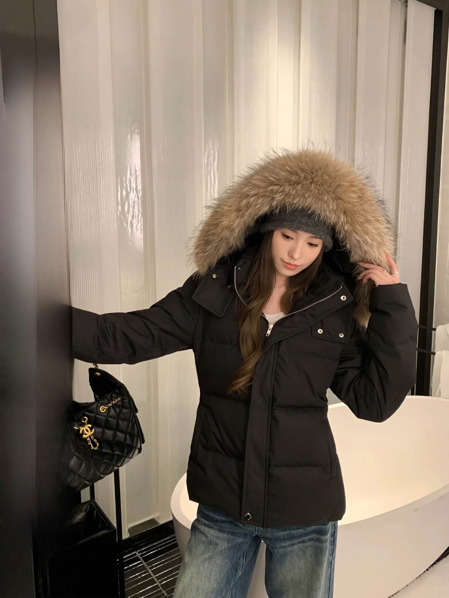 

Hhi Women's Thiened Warm Du down Jaet Hooded Bread Sle Coat Casual Waist-Cinching Design White Du Feather Filled