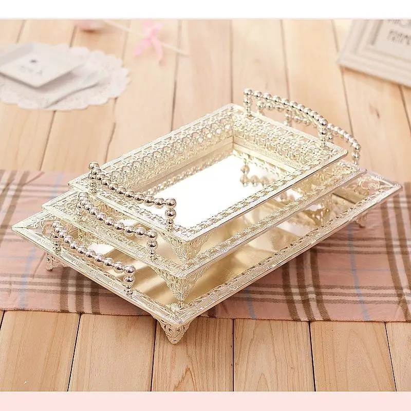 Silver Metal Tray Rectangular Storage Trays Decorative Tea Fruit Plate Dessert Cake Plates Jewelry Organizer