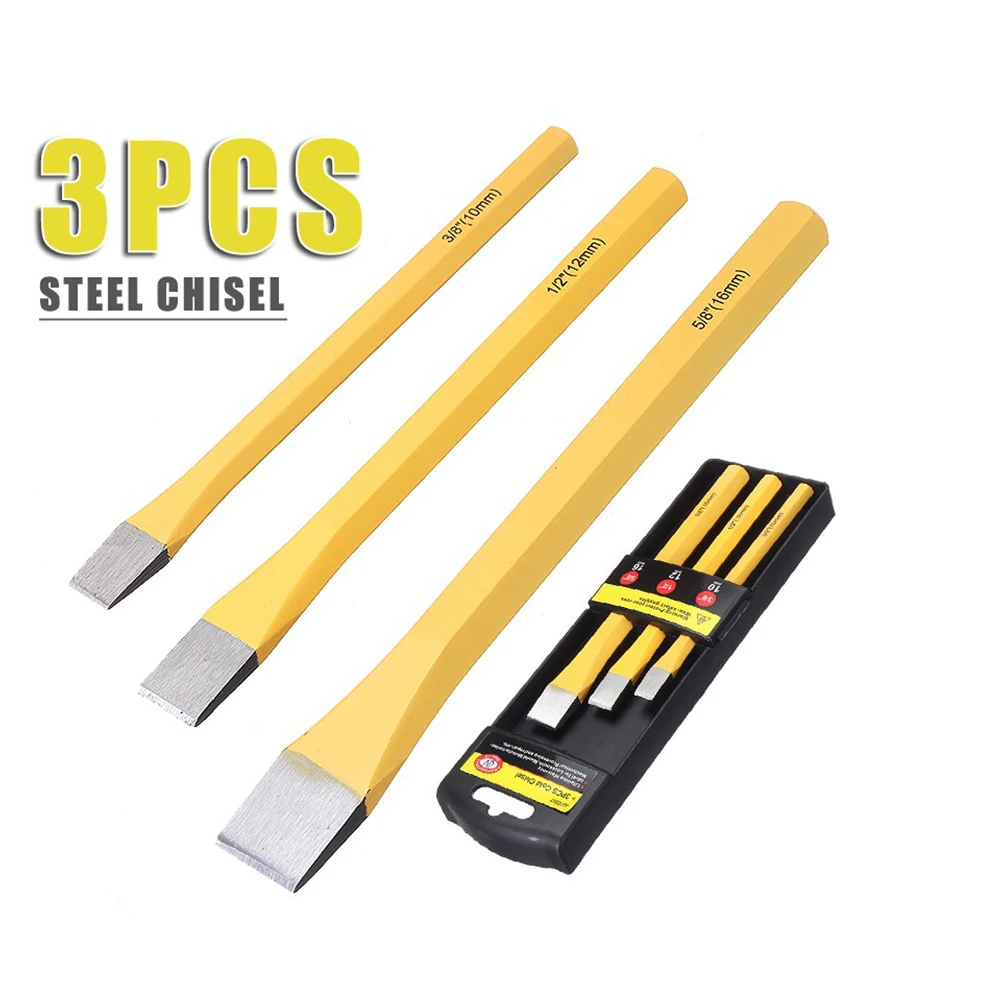 3-Piece Flat Chisel Set Made of Heat-Treated Chrome Vanadium Steel for Woodworking Fitting and Industrial Maintenance