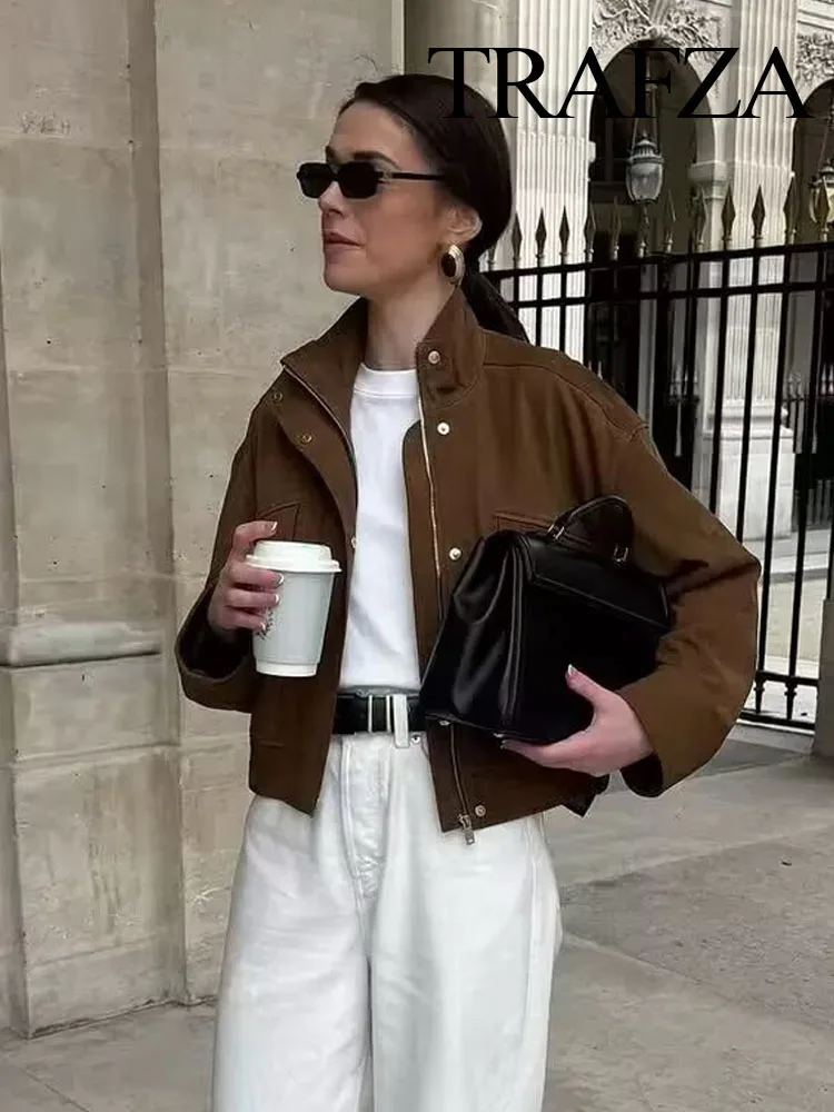 

HH Women's Autumn Suede Textured Jacket Female Fashion Long Sleeves Zipper High Neck Pockets Decorative Casual Street Coats
