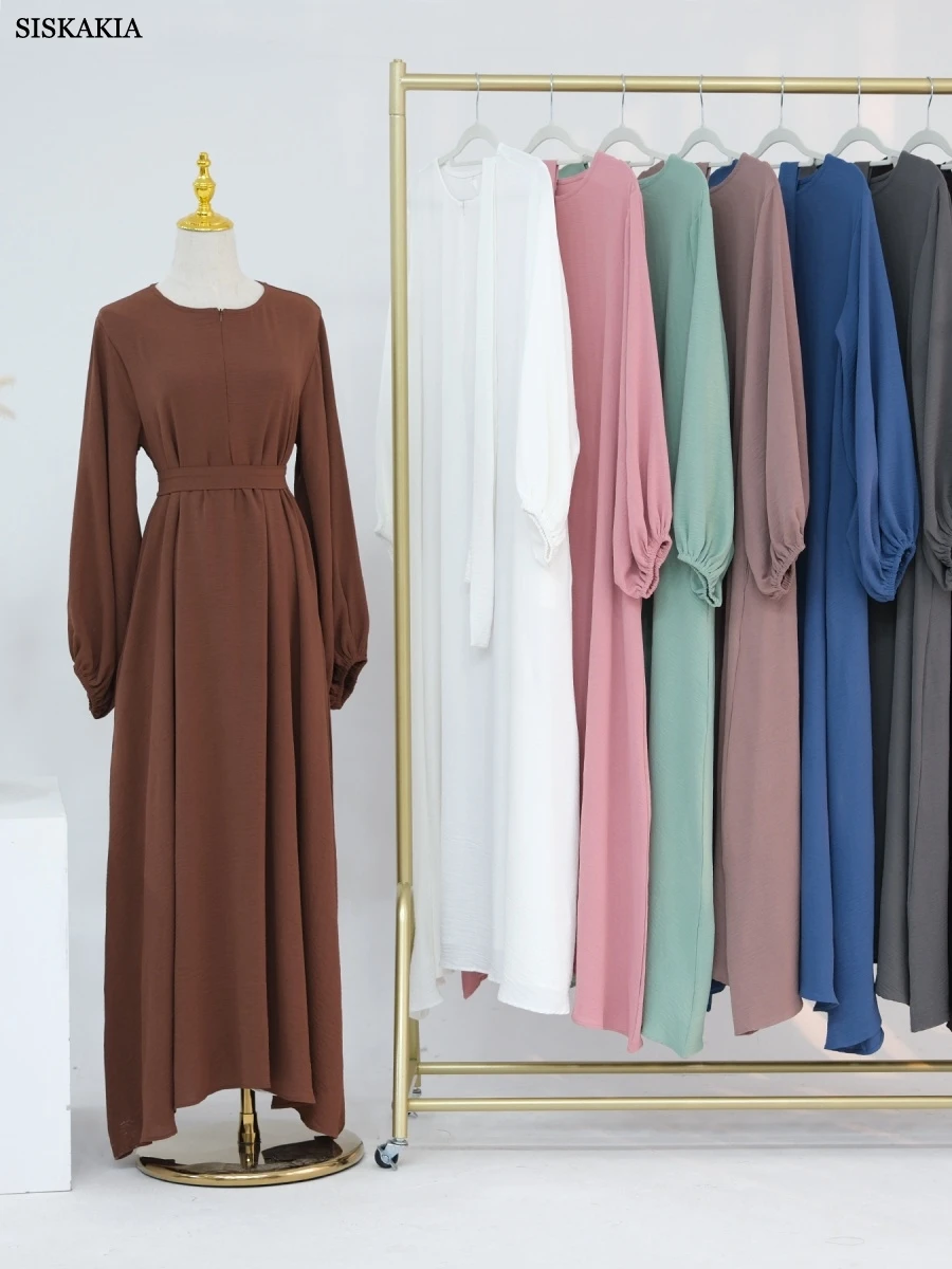 Siskakia – robe musulmane élégante à manches groupées, ceinture incluse, Abaya solide de dubaï, col rond, Kaftan 2025