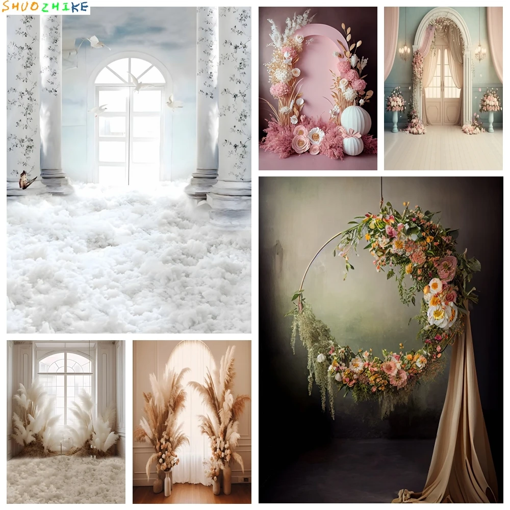 

Boho Wedding Portrait Photography Backdrop Window Curtain Flower Floral Bridal Shower Birthday Party Photo Background Decoration