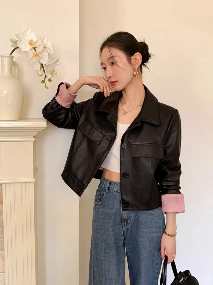 

Vintage Short Genuine Leather Jacket for Women Simple Single Breasted Slim Soft Black Real Sheepskin Coat couro genuino feminino