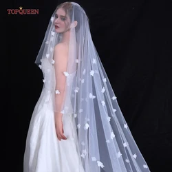TOPQUEEN 3D Flores Perlas Velos de novia 3 metros de lujo largo velo de novia Catedral 2 Tiers Cubra la Cara Accesorios de Novia V190