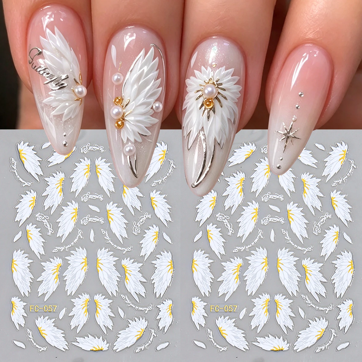 White feather nail stickers—shimmery, self-adhesive, fantasy-themed nail decorations perfect for winter and Christmas.