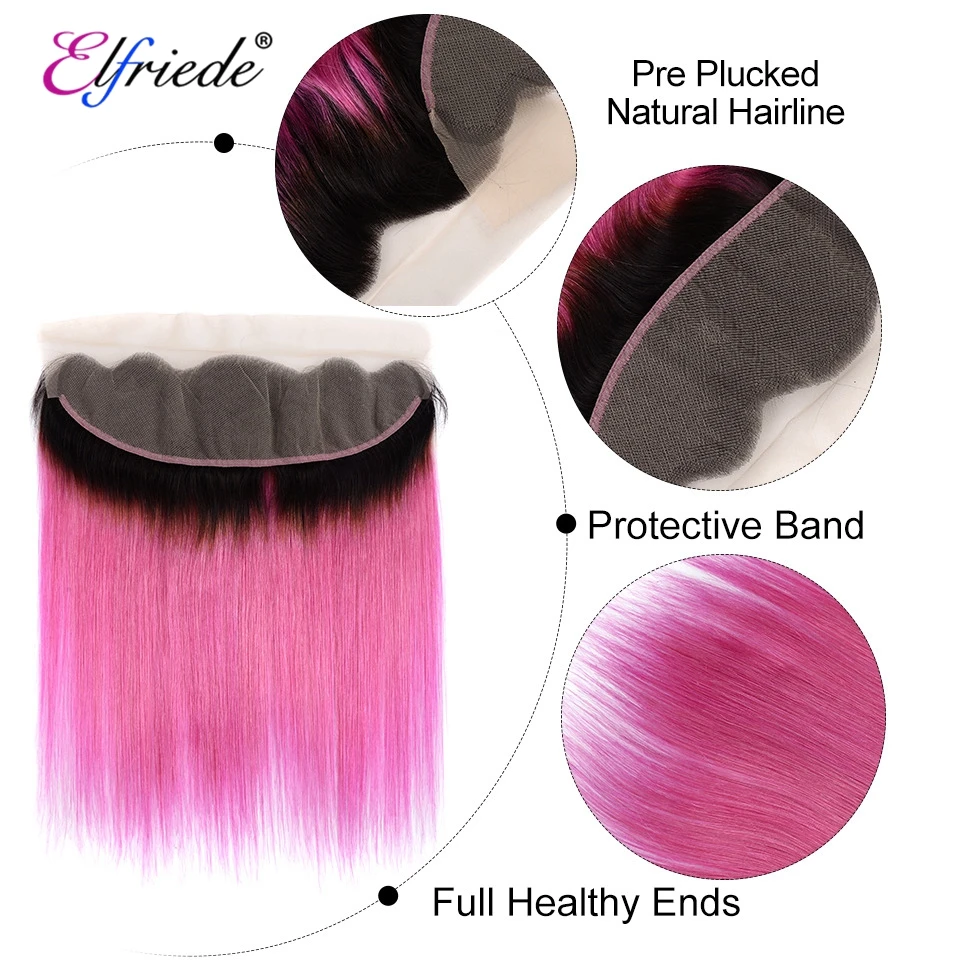 Elfriade-mechones de cabello precoloreados rectos 1B/rosa roja con Frontal 100%, cabello humano cosido en tramas, 3 mechones con encaje Frontal 13x4