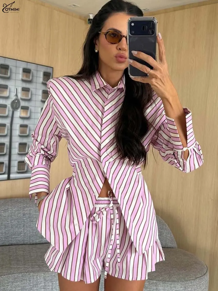 Oymimi Fashion Pink Print Woman 2 Piece Set Outfit Elegant Lapel Long Sleeve Button Shirts And Drawstring Pockets Shorts Sets