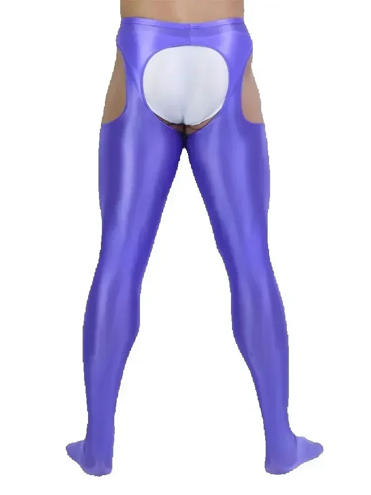 Fashion Women Tight Pants Full Leggings Satin Oil Shiny Pencil Pants Oil Glossy Crotchless Yoga Shaping Hollow Out Elastic Maid