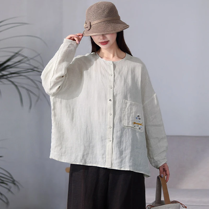 

100% Linen Women Long Sleeve Casual Shirt New 2024 Autumn Vintage Style O-neck Plain Color Loose Female Tops Shirts M1816