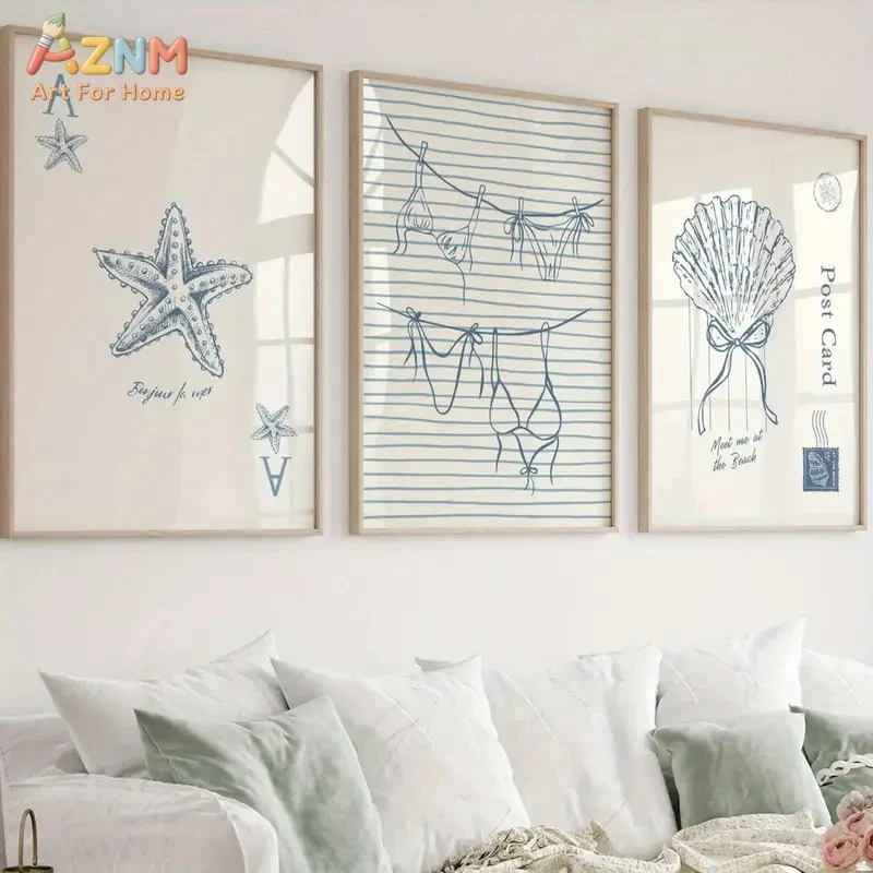 Juego de 3 cuadros decorativos de lona con temática de playa, estrellas de mar azules, conchas marinas, estampados de bikini, carteles con la frase "Meet Me At The Beach", decoración sin marco
