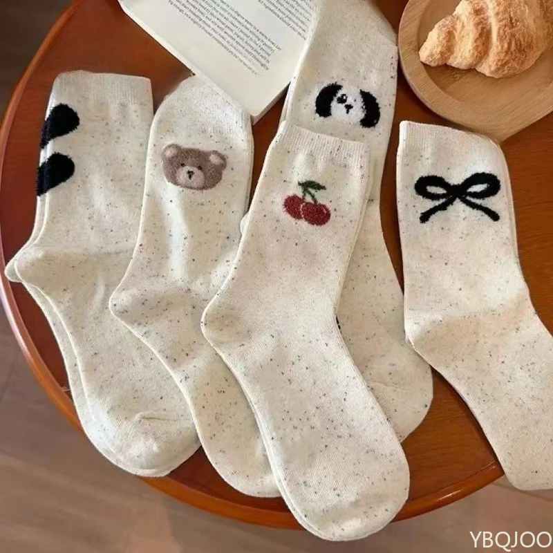 5 أزواج ربطات القوس فيونكة الدب نمط القلب عادية مريحة عالية الجودة لينة الجوارب النسائية العصرية القطن الكبار النساء منتصف العجل الجوارب #1