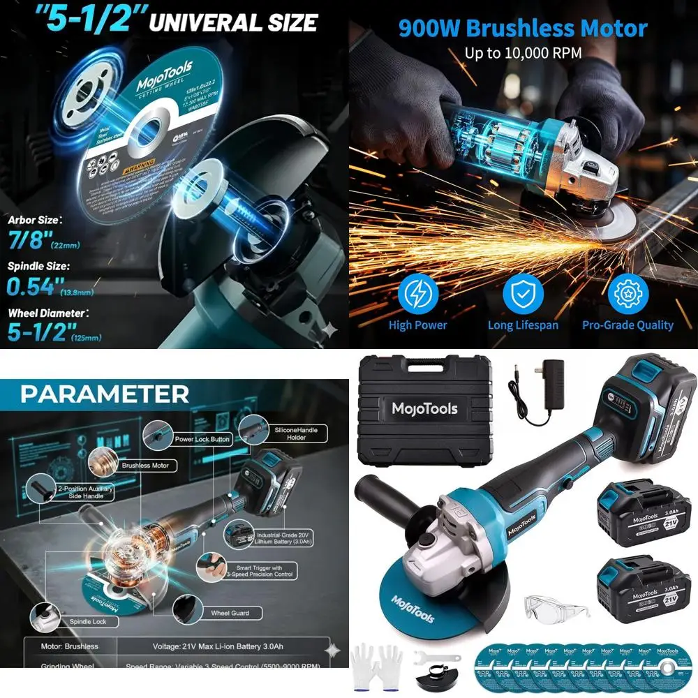 

4.5 Brushless Cordless Angle Grinder with 2x3.0Ah Batteries, 9000 RPM, Fast Charger, Safety Brake, Dual Handle for Cutting, Grin