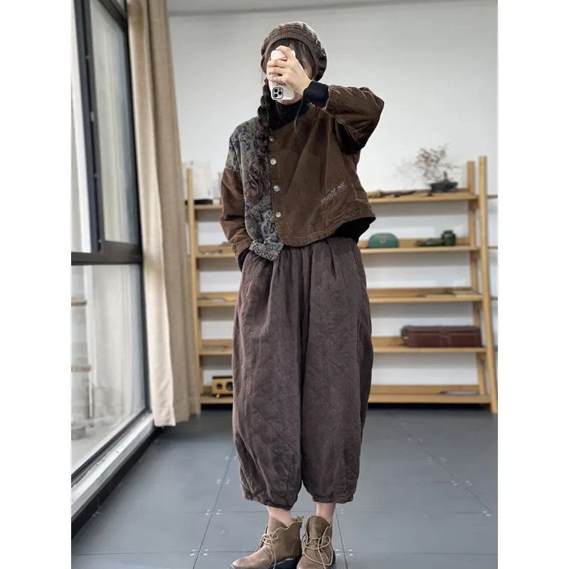 ريترو طباعة اللون بلو سروال قصير ort القطن Jaet المرأة الخريف الشتاء حجم كبير ثي الدافئة غير النظامية ملابس خارجية العصرية #4