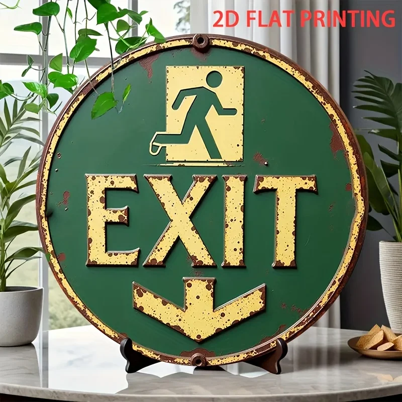 2D Flat, 2D Flat 1pc Rustic Vintage Round Tin Sign 20.32x20.32 cm - Emergency Exit Signway Inspired Decor - with Left & Right Pr