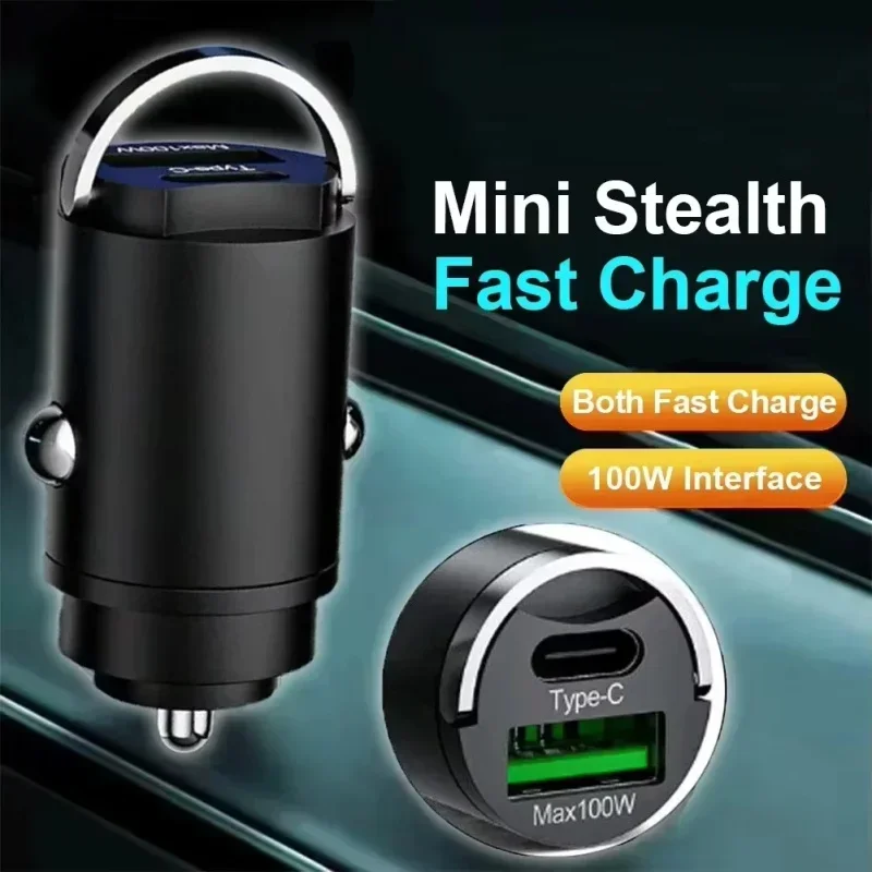 1PCS Mini 100W PD QC Pull Ring Fast Charging Car Charger USB C Car Phone Charger Adapter For IPhone Xiaomi Samsung Huawei