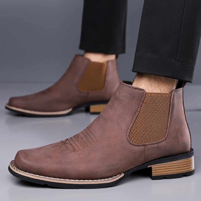 Matte Black Chelsea Boots Men's High Top Embroidered Casual Leather Boots Low Heel Comfortable Breathable Rubber Outsole
