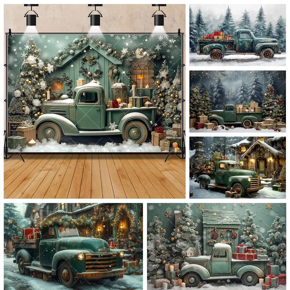 

Winter Christmas Green Car Forest Snow Scene Aldult Kid Baby Family Party Backdrop Custom Kid Room Photo Poster Decor Background