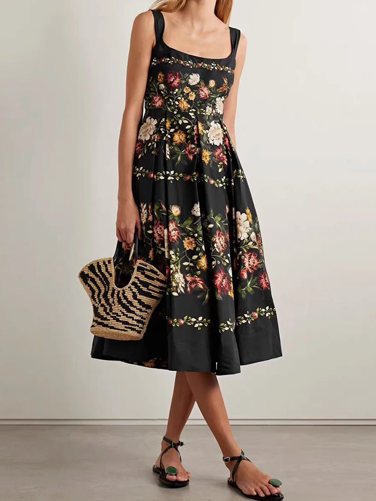 Retro geometric print sexy suspender dress 2026 summer women's fashion high waisted pleated loose fluffy skirt
