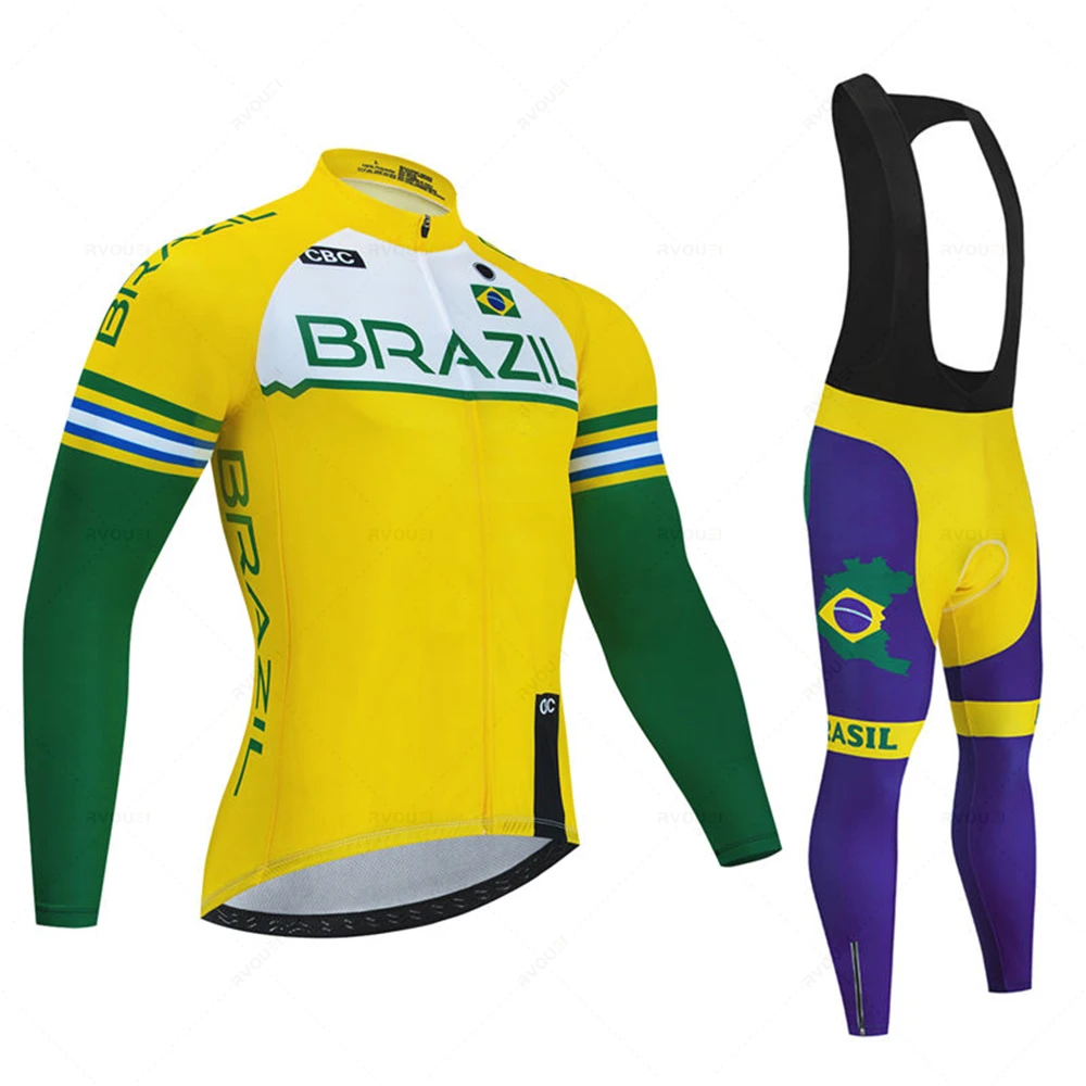 Brazil Summer Long Sleeve Cycling Clothing Set Team Jersey Men Suit Breathable Outdoor Bike MTB Clothing Paded Ciclismo Maillot