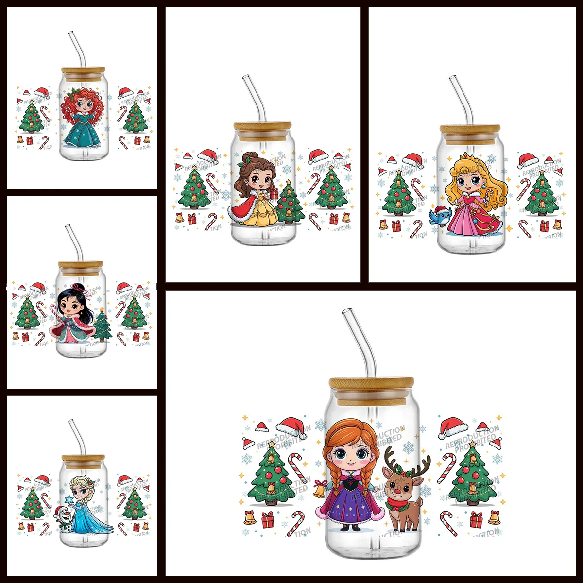Cute Cartoon Girl Xmas Theme UV DTF Cup Wrap Transfer Sticker For 16oz Glass Can Tumbler Christmas Tree Snowflake Libbey Wrap