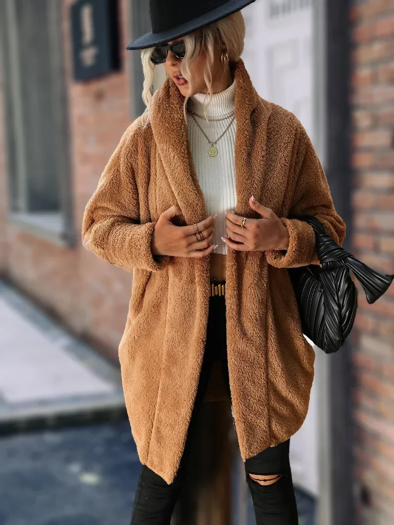 Autumn Winter 2022 New Flashy Women's Double Sided Velvet Coat Plush Buckle Free Cardigan Solid Color Loose Long Polo Sweater