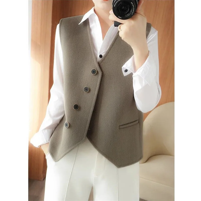 Fashion Double-sided Woolen Vest Women's Waistcoat 2026 Spring  Autumn New Coat V-neck Grey Camel Black Woolen Vest Jacket