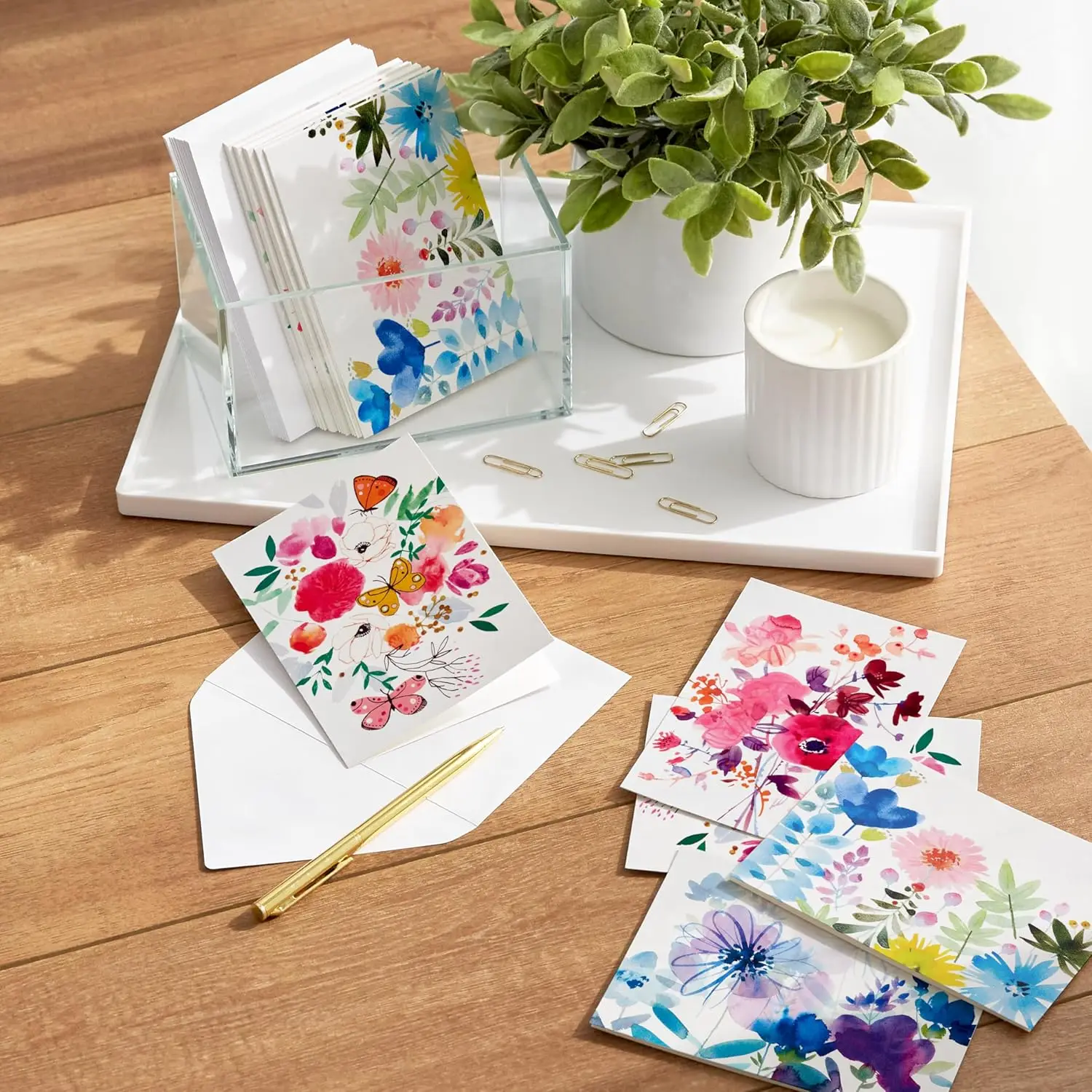 New plant and flower themed greeting card with envelope decoration sticker 24 piece set (12 greeting cards+12 envelopes)