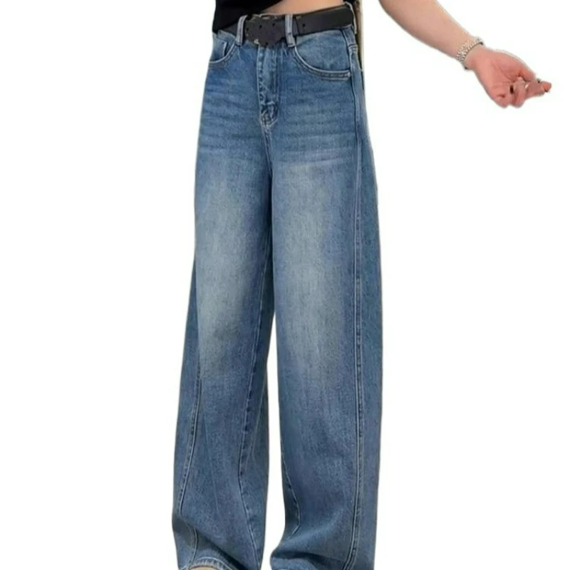 

Осенние джинсы длиной до пола большого размера с высокой талией для женщин. Грушевидные фигуры. Свободные утягивающие прямые широкие брюки.