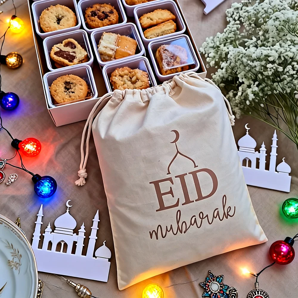 

Eid Mubarak Ramadan Gift Goodie Bags Cotton Bag with Islamic Muslim Eidie Wrapping Treat Party Favor Candy Jewelry Bags