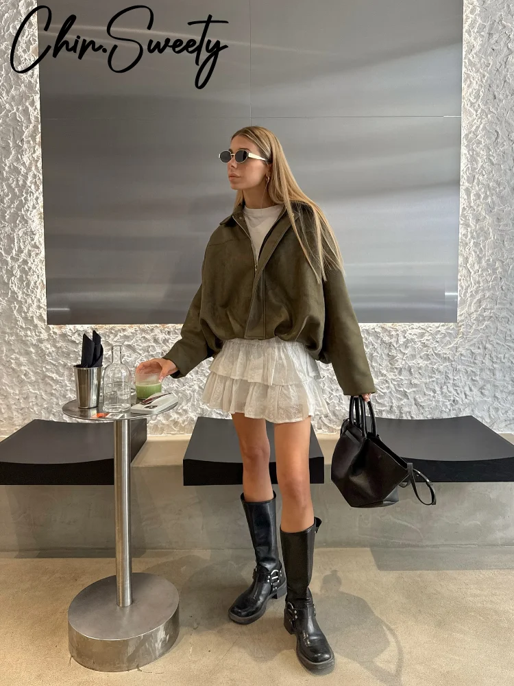 الرجعية سترات من جلد الغزال المرأة فضفاضة سستة التلبيب كم طويل جيب مطاطا هيم معطف قصير 2025 الخريف شيك شارع العليا أبلى سيدة