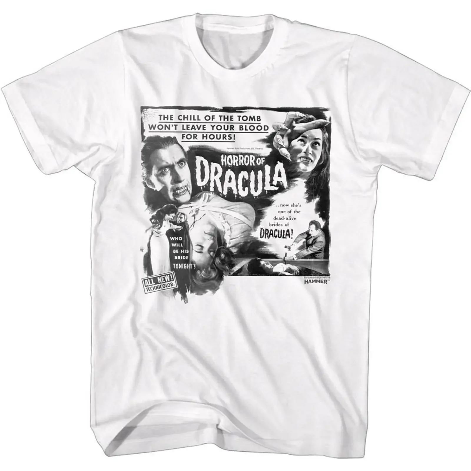 Hammer Horror B and W of Dracula White Adult T Shirt vintage Washed Slightly designer clothes Versatile Unisex streetwear