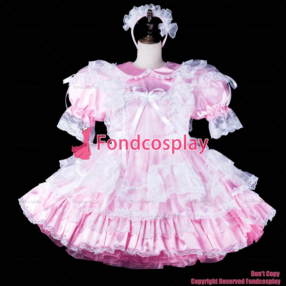 fondcosplay adult sexy cross dressing sissy maid short baby pink satin dress lockable Uniform cosplay costume CD/TV[G2314]