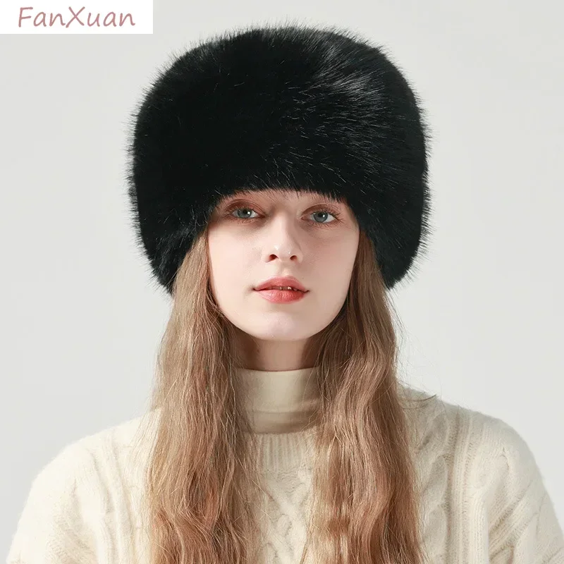 

Winter Faux Fur Hats for Women Elegant Russian Hat Fluffy Plush Panama Skiing Cap Autumn Winter Beanies Female Drop Shipping