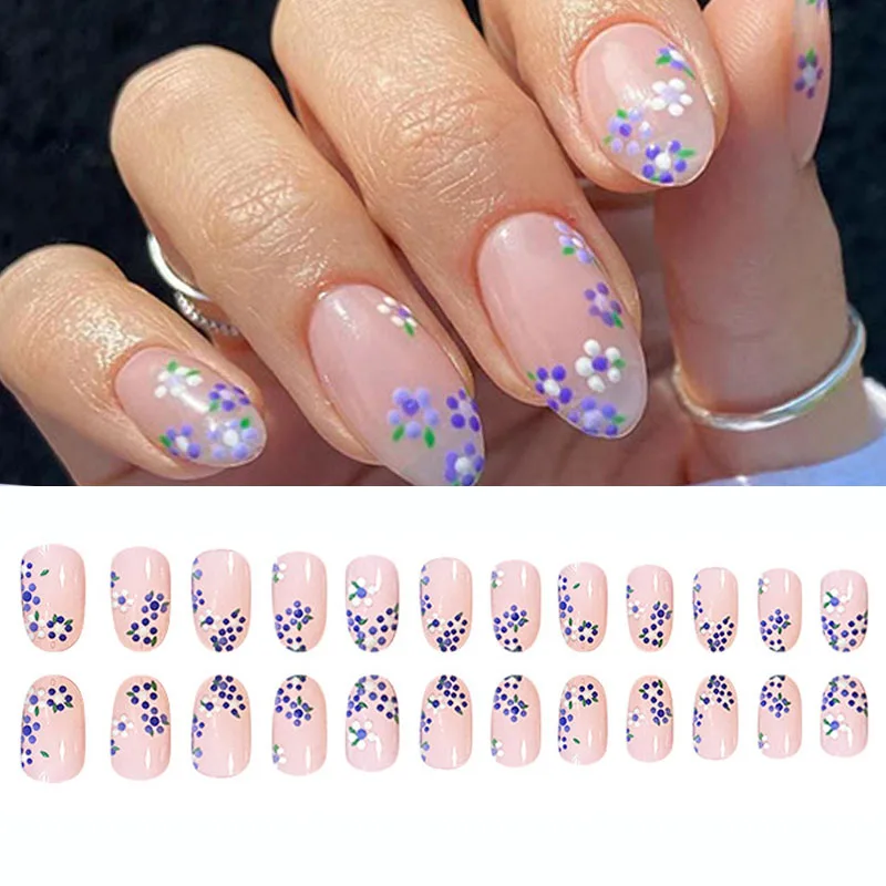 24 teile/schachtel Frühling Stil Acryl drücken auf Nägel Französisch Nagels pitzen volle Abdeckung Blumen blatt falsche künstliche Nägel