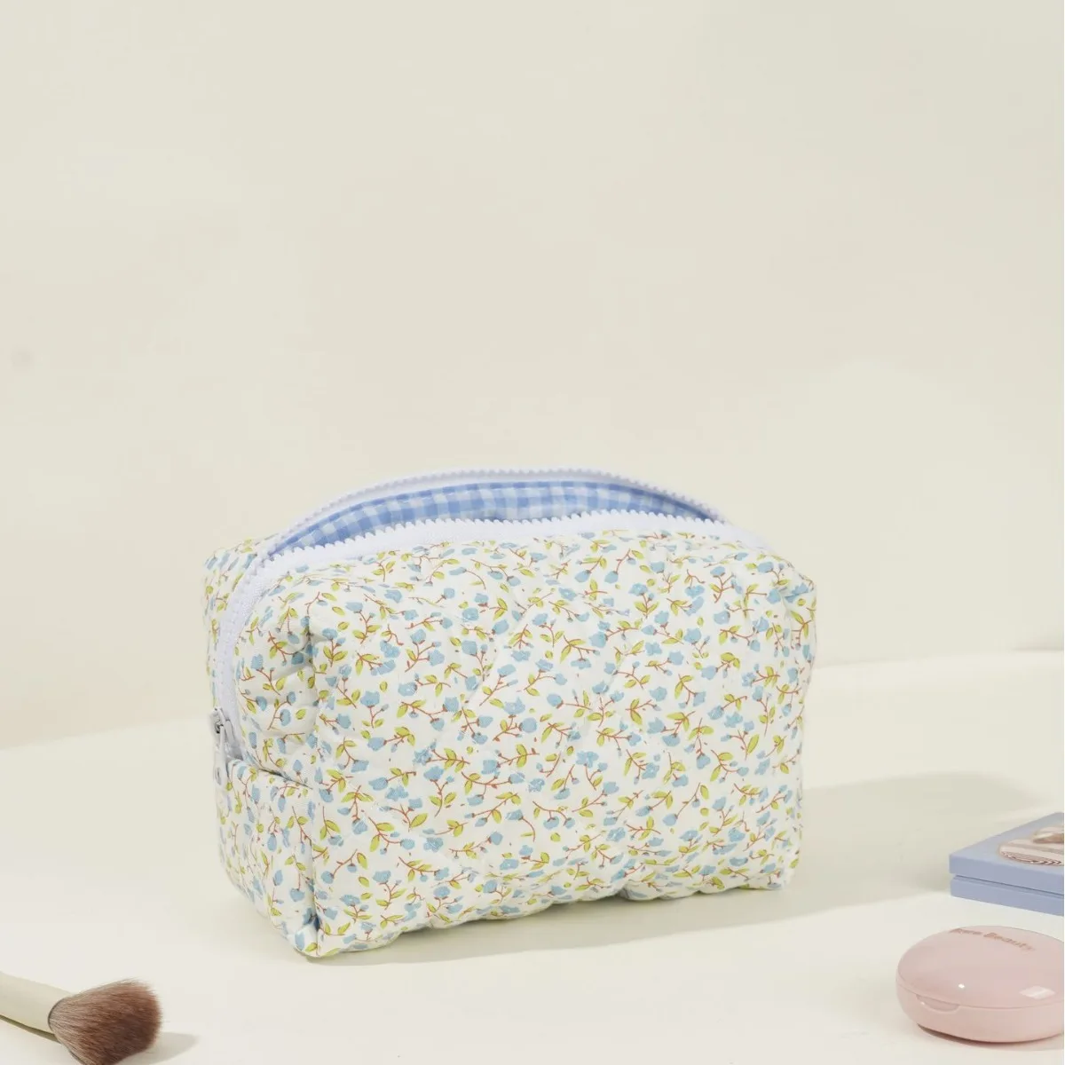 Soft Quilted Floral Makeup Bag Portable Cotton Travel Cosmetic Pouch Zipper Toiletry Storage Organizer for Women