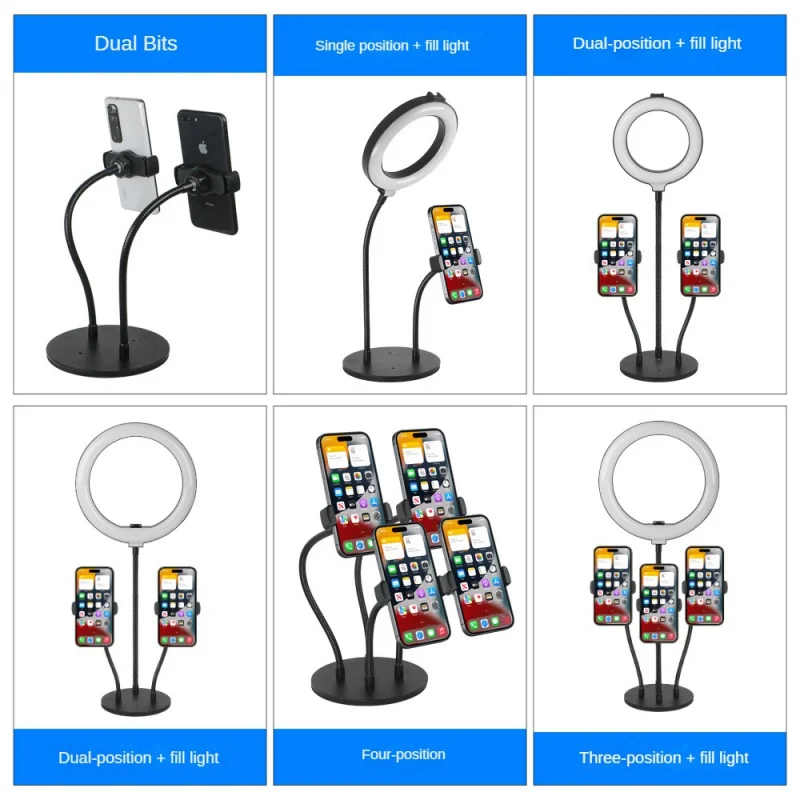 Multi position cell phone flexible arm holder with ring light live streaming desktop disc support for smartphone stand dual