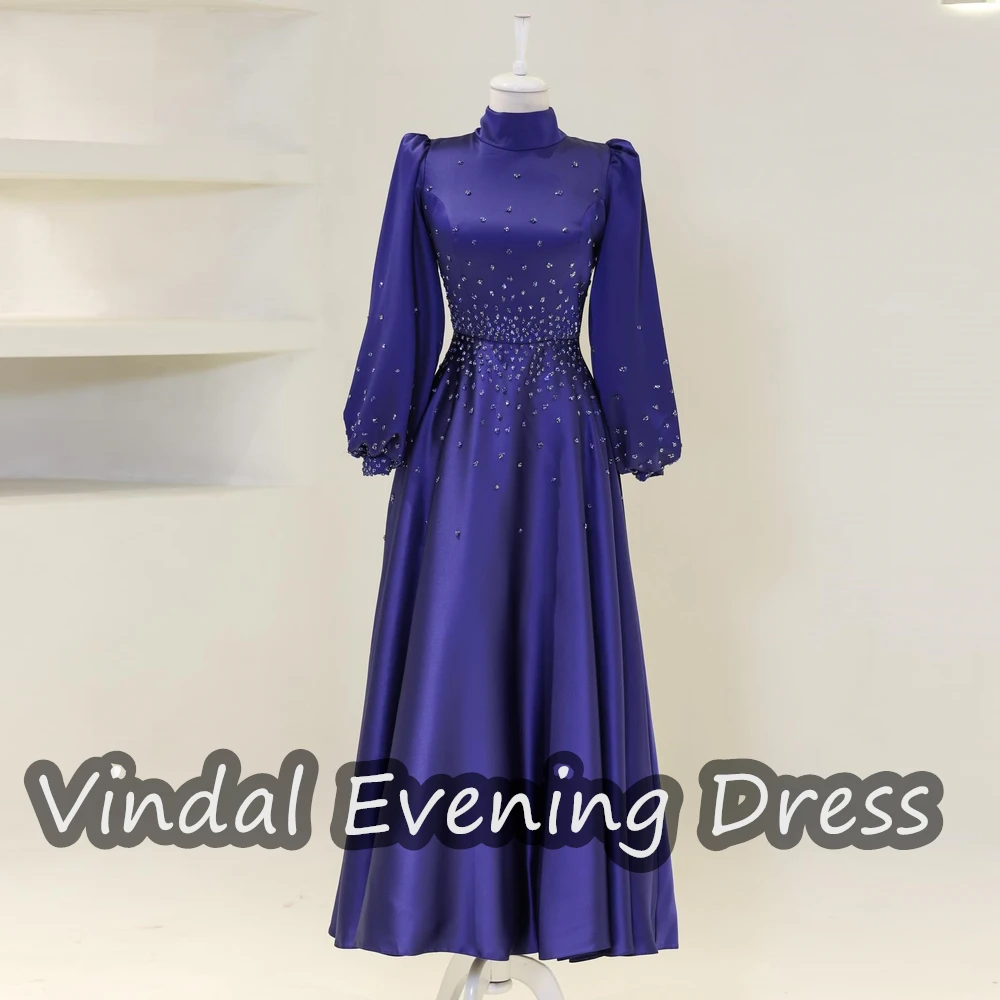 

Vindal Ruffle Scoop Necklin Ankle Length A-Line Evening Dress Elegant Built-in Bra Saudi Arabia Long Sleeves Satin For Woman