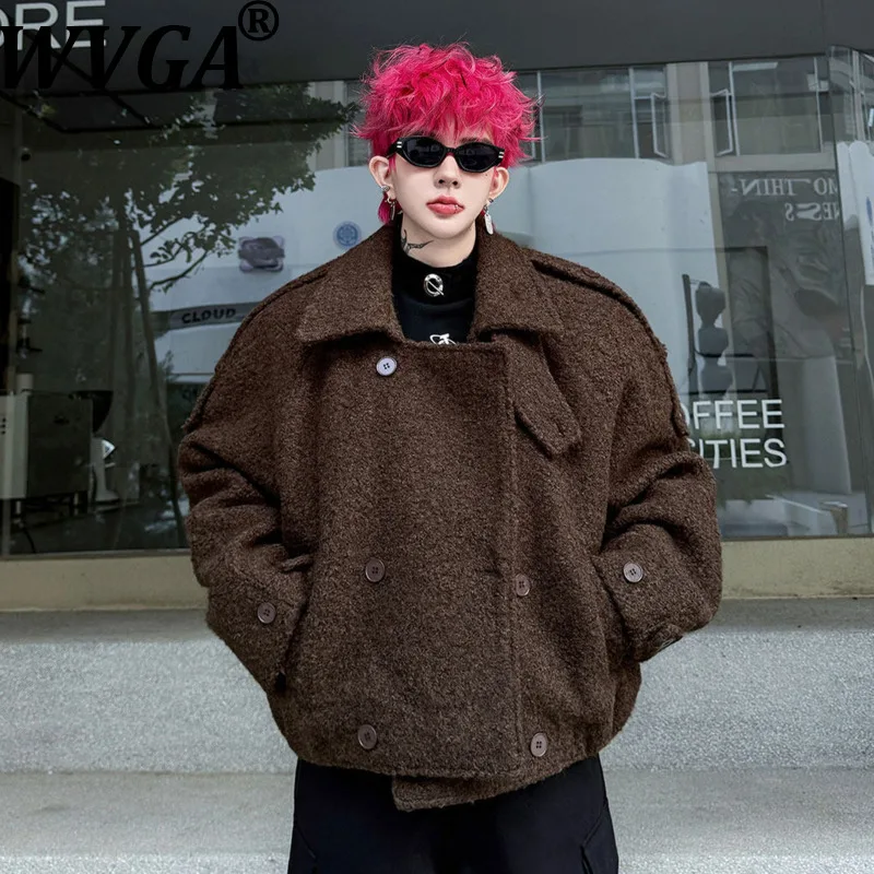 

WVGA осень-зима новые мужские двубортные куртки в американском стиле нишевые Y2K повседневное стильное толстое короткое шерстяное пальто Ins W17461