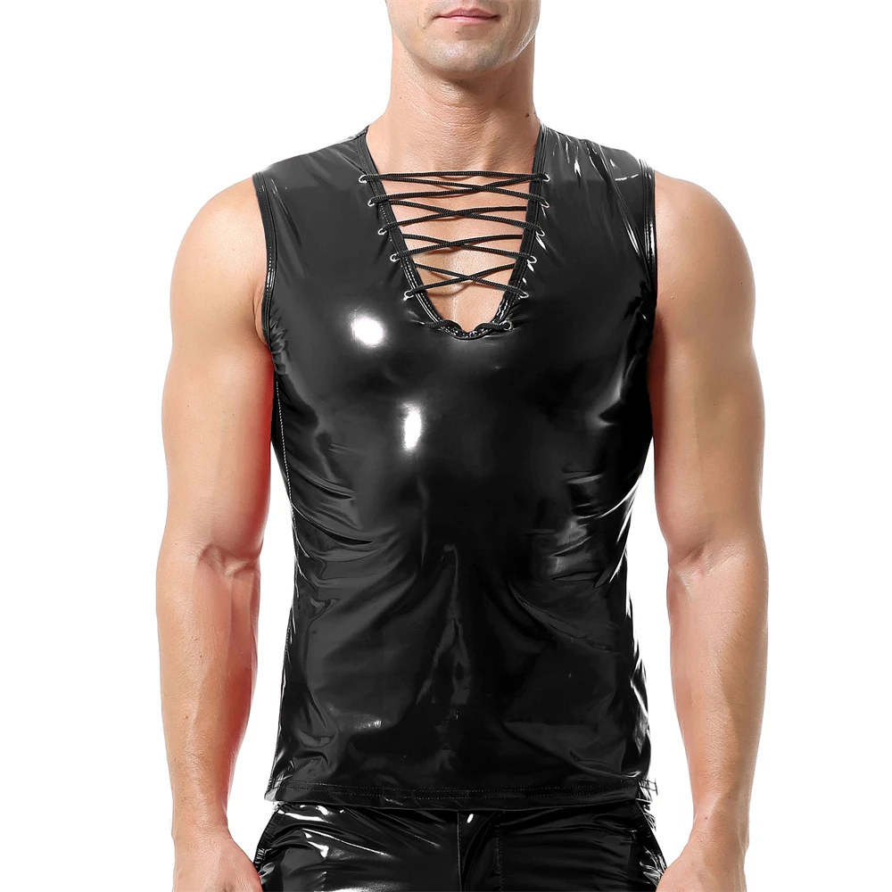 Mens Glossy PU Leather Tank Tops Shiny Wet Look Sexy V-Neck Bandage Sleeveless T-shirts Male PVC Latex Vests Tees Dance Clubwear