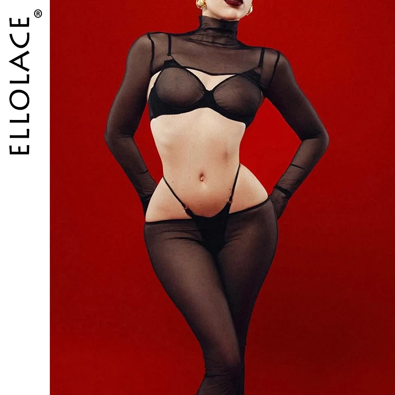 

Ellolace Elegant Lingerie Sexy Women Daring Sheer Mesh Bra Thong 2PC with Cover&Pants Sensual Long Sleeve High Collar Smock Kit