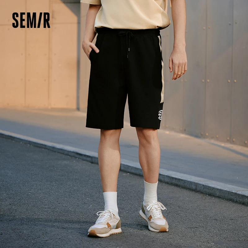 Semir Men's Retro Basketball Shorts Summer Loose Knit Mid Length Color Block Embroidered Casual Shorts