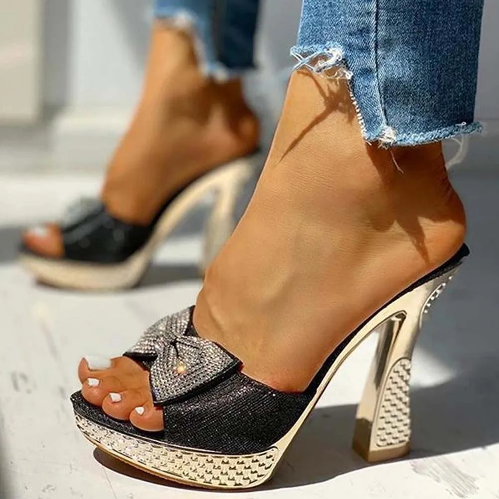 Trendy Fashion Female Bowknot Sexy Slippers 2022 Summer Slippers Women Platform Crystal Thick High Heels Shoes Woman