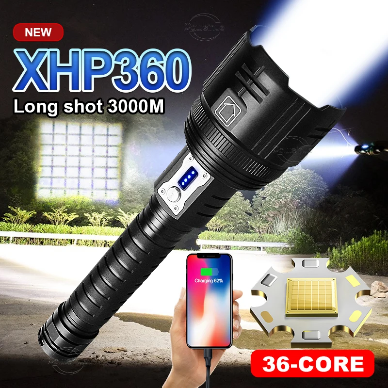 XHP360 Powerful Led Flashlight Torch Rechargeable Hand Lamp IPX8 Waterproof High Power Led Flashlights 18650 USB Outdoor Lantern