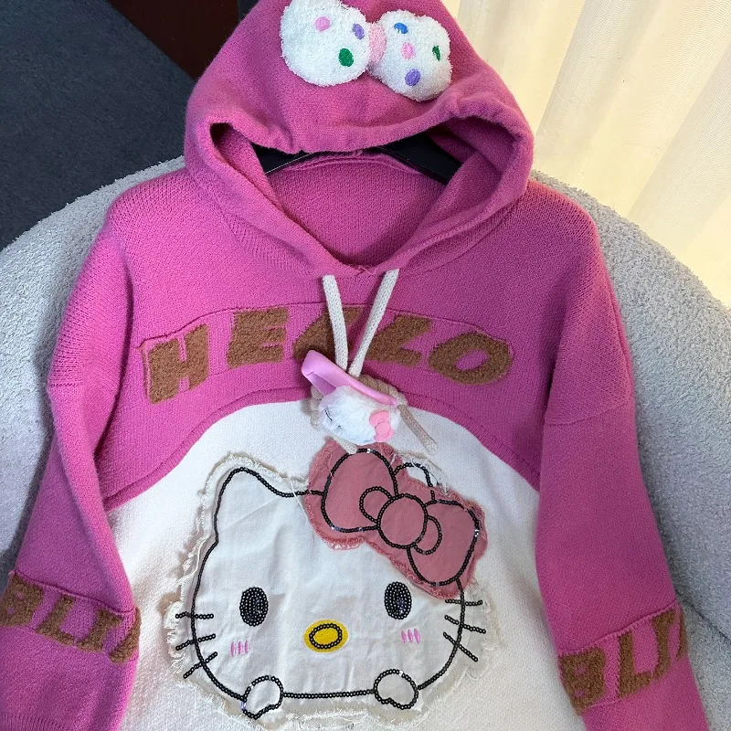 2025 Autumn New Sweet Age-Reducing Cartoon Color Block Hooded Knitted Sweater Women's Loose Casual Style Pullover Top Sweatshirt