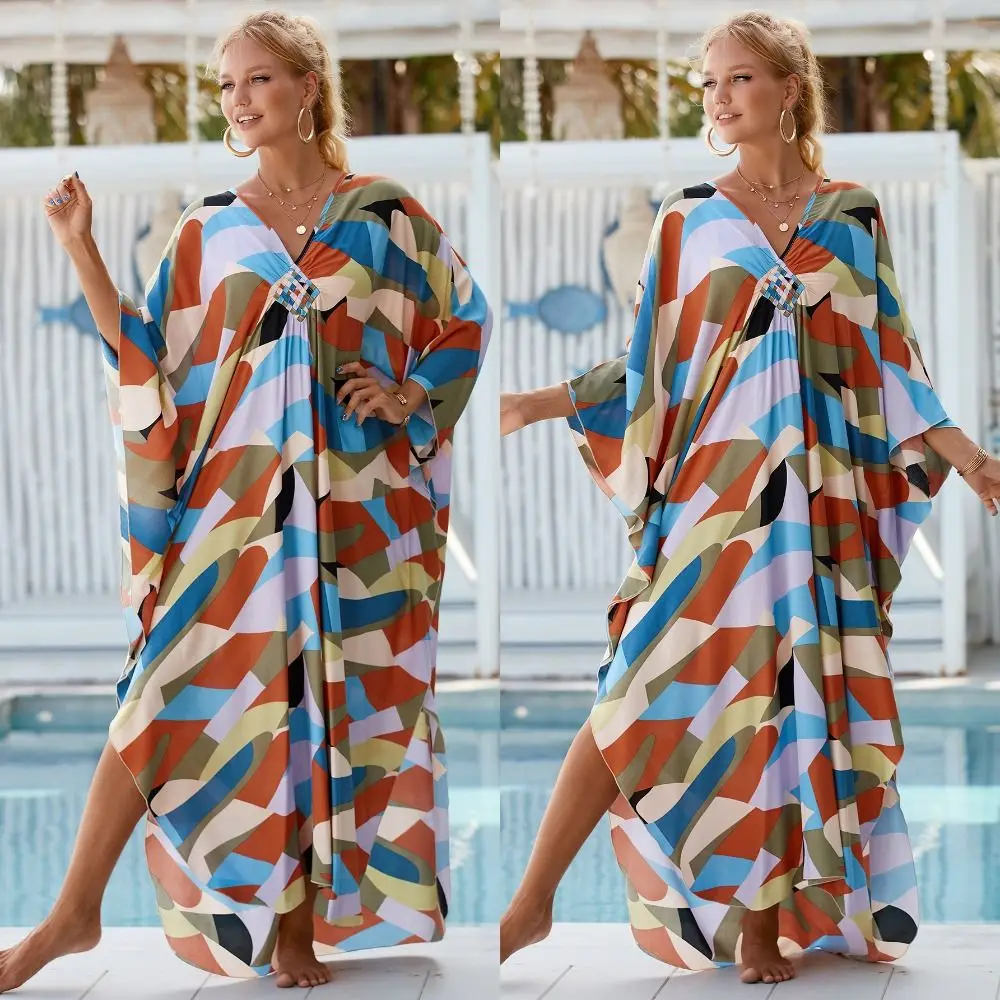 Fashion Boho Bikini Cover-ups Leaves Print Oversized Beach Cover Up Open Front Sunscreen Shawl For Women