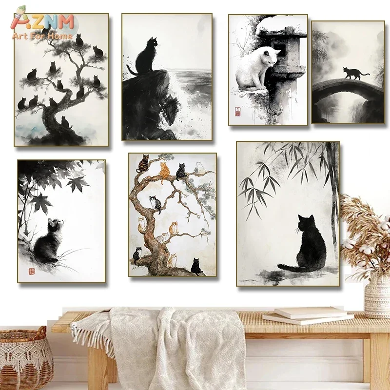 AZNM Ink Wash Cat Canvas Wall Art Chinese Style Pine Bamboo Landscape Print Unframed Canvas Painting Oriental Home Decor