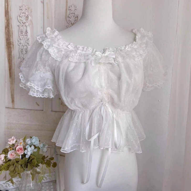 Summer Vintage Elegant Lolita Blouse Women Kawaii Ruffles O-Neck Bow Lace Slim Bandage Top Japanese Puff Sleeves Princess Shirts